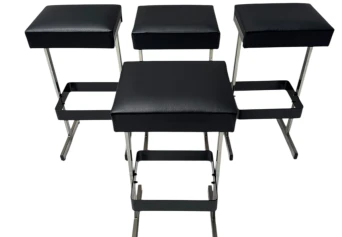 Four Mid-Century Modern Bar Stools with Black Leather Seats, 1970s